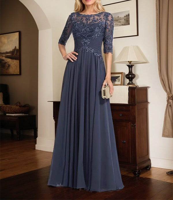 A-line Scoop Illusion Floor-Length Chiffon Lace Mother of the Bride Dress With Pleated Sequins
