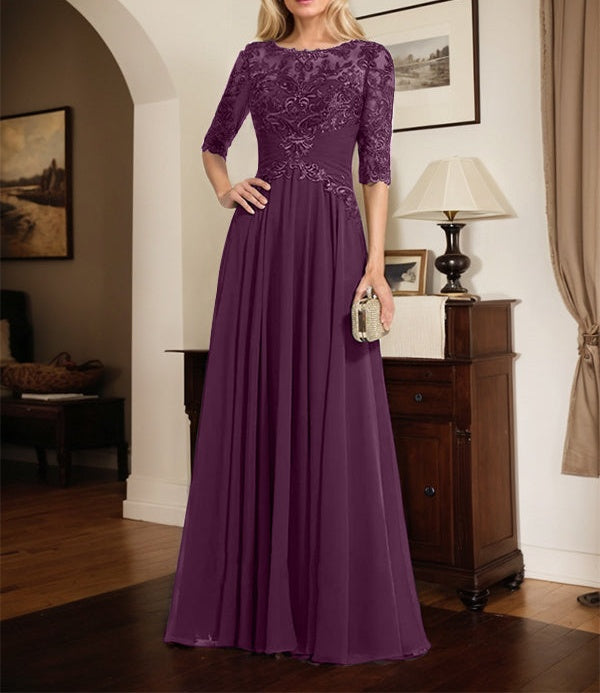 A-line Scoop Illusion Floor-Length Chiffon Lace Mother of the Bride Dress With Pleated Sequins
