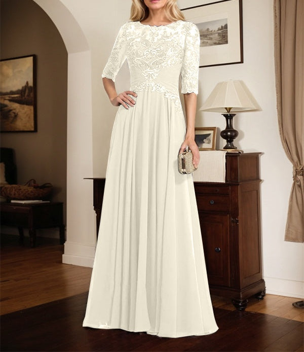 A-line Scoop Illusion Floor-Length Chiffon Lace Mother of the Bride Dress With Pleated Sequins
