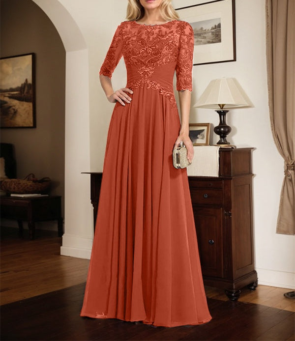 A-line Scoop Illusion Floor-Length Chiffon Lace Mother of the Bride Dress With Pleated Sequins
