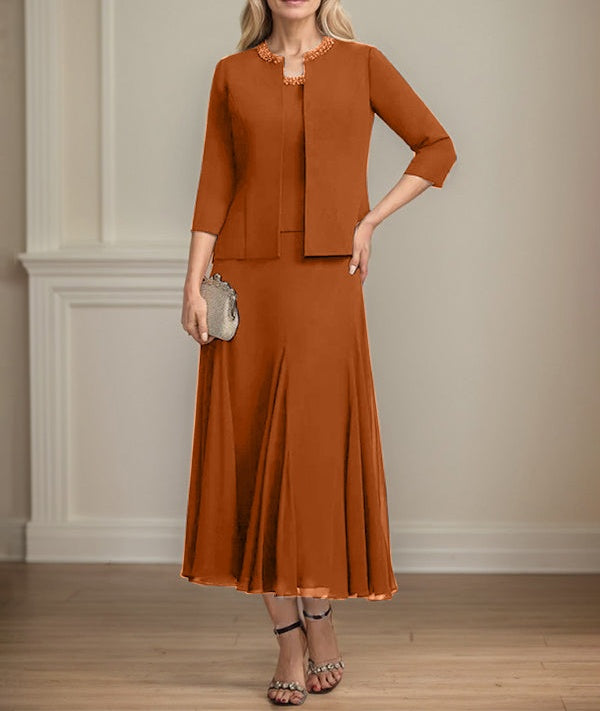 Separates A-line Scoop Tea-Length Chiffon Mother of the Bride Dress With Sequins Beading