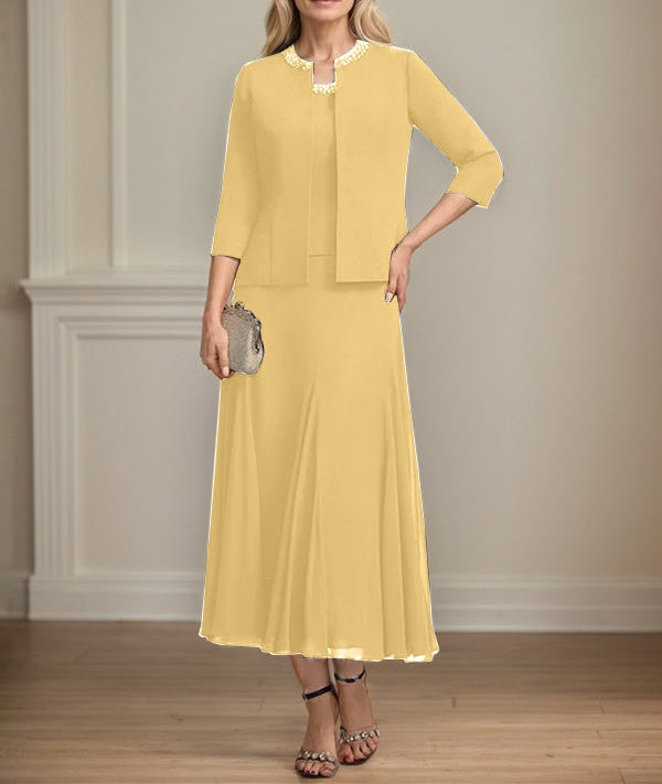 Separates A-line Scoop Tea-Length Chiffon Mother of the Bride Dress With Sequins Beading