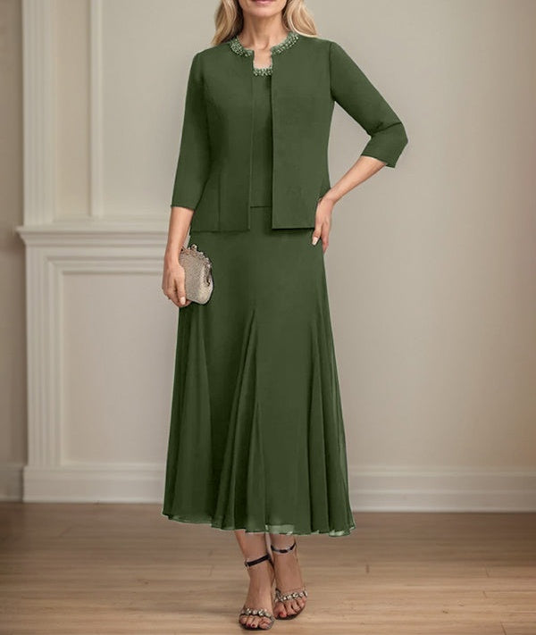 Separates A-line Scoop Tea-Length Chiffon Mother of the Bride Dress With Sequins Beading