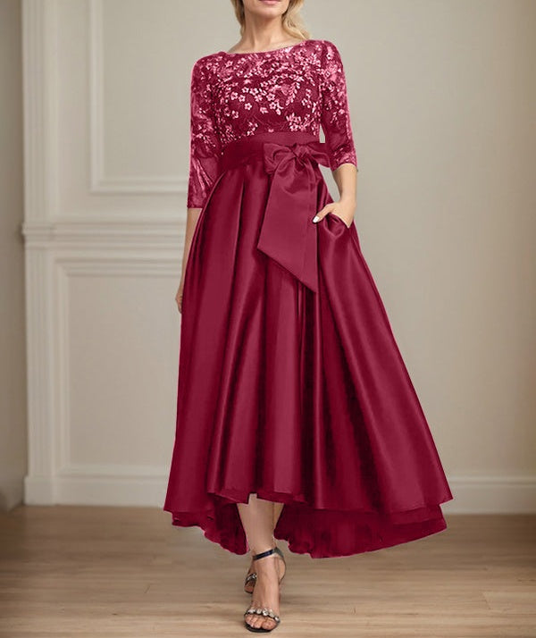 A-line Scoop Illusion Asymmetrical Satin Lace Mother of the Bride Dress With Bow