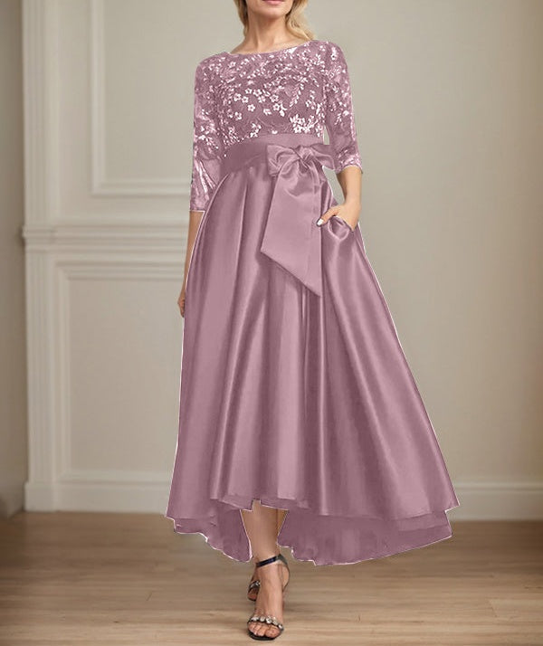 A-line Scoop Illusion Asymmetrical Satin Lace Mother of the Bride Dress With Bow