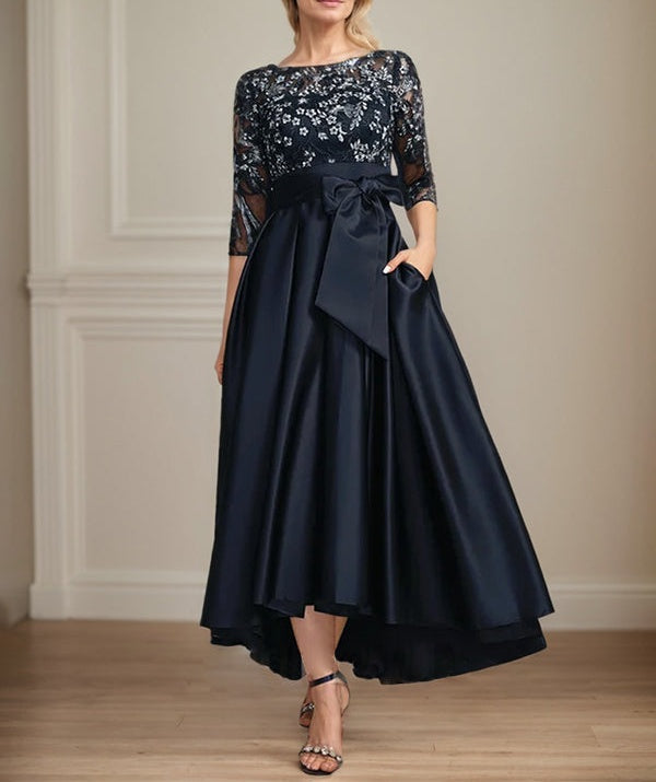 A-line Scoop Illusion Asymmetrical Satin Lace Mother of the Bride Dress With Bow
