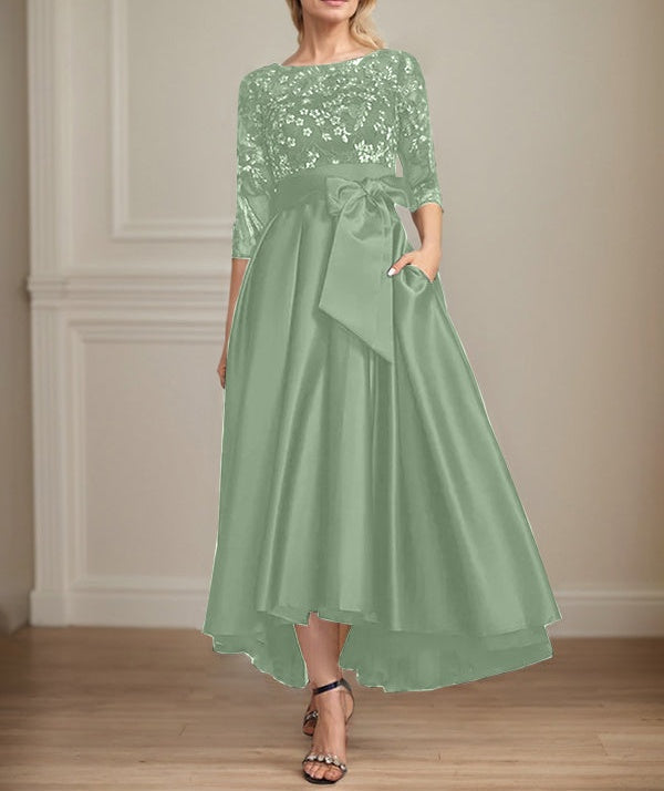 A-line Scoop Illusion Asymmetrical Satin Lace Mother of the Bride Dress With Bow