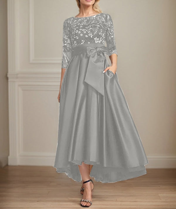 A-line Scoop Illusion Asymmetrical Satin Lace Mother of the Bride Dress With Bow