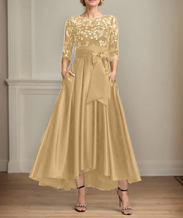 A-line Scoop Illusion Asymmetrical Satin Lace Mother of the Bride Dress With Bow