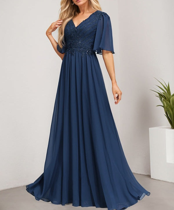 A-line V-Neck Floor-Length Lace Chiffon Mother of the Bride Dress With Sequins