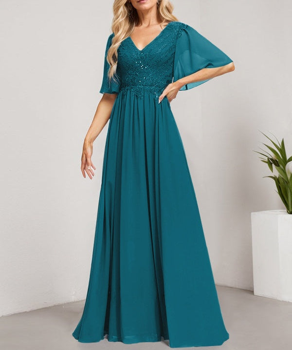 A-line V-Neck Floor-Length Lace Chiffon Mother of the Bride Dress With Sequins