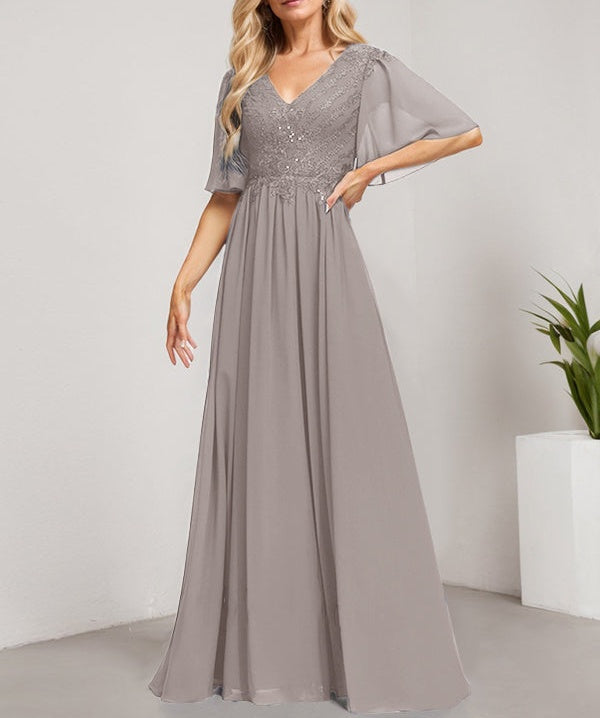 A-line V-Neck Floor-Length Lace Chiffon Mother of the Bride Dress With Sequins