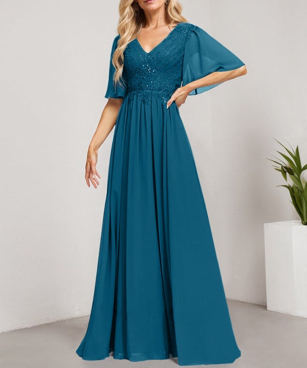 A-line V-Neck Floor-Length Lace Chiffon Mother of the Bride Dress With Sequins