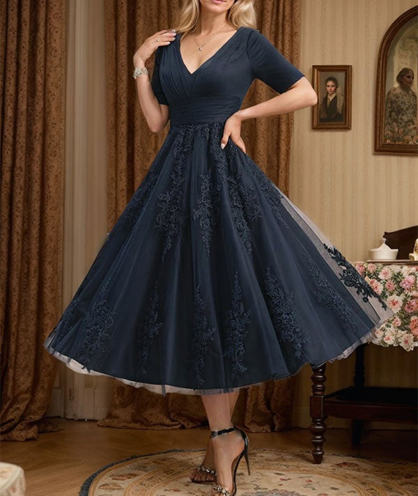 tea length navy blue mother of the bride dress A-line V-Neck Tea-Length Tulle Lace With Pleated These Fall Accessories Will Color:As Picture Elegant and flowing UK 8