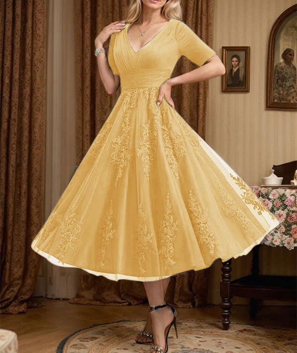 A-line V-Neck Tea-Length Tulle Lace Mother of the Bride Dress With Pleated