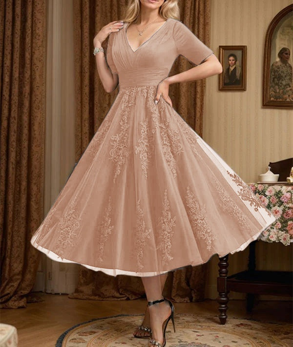 A-line V-Neck Tea-Length Tulle Lace Mother of the Bride Dress With Pleated
