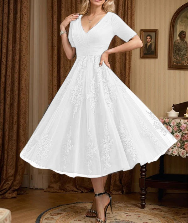 A-line V-Neck Tea-Length Tulle Lace Mother of the Bride Dress With Pleated