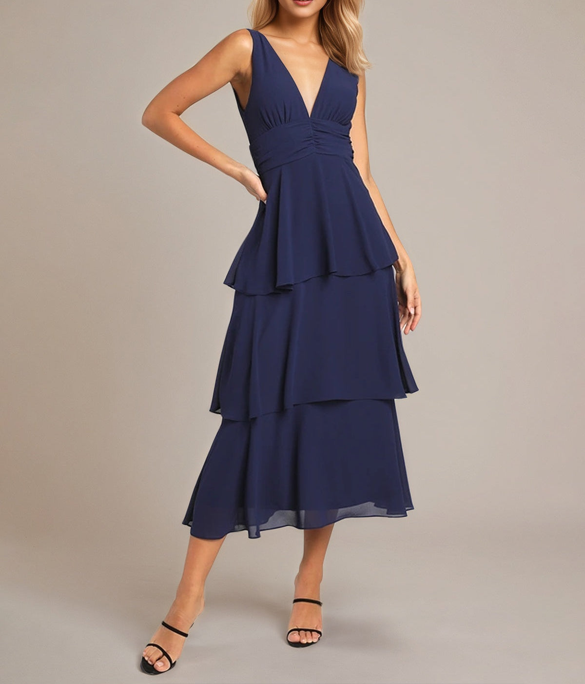 Navy A Line Chiffon V Neck Sleeveless Tea Length Dresses With Ruffles