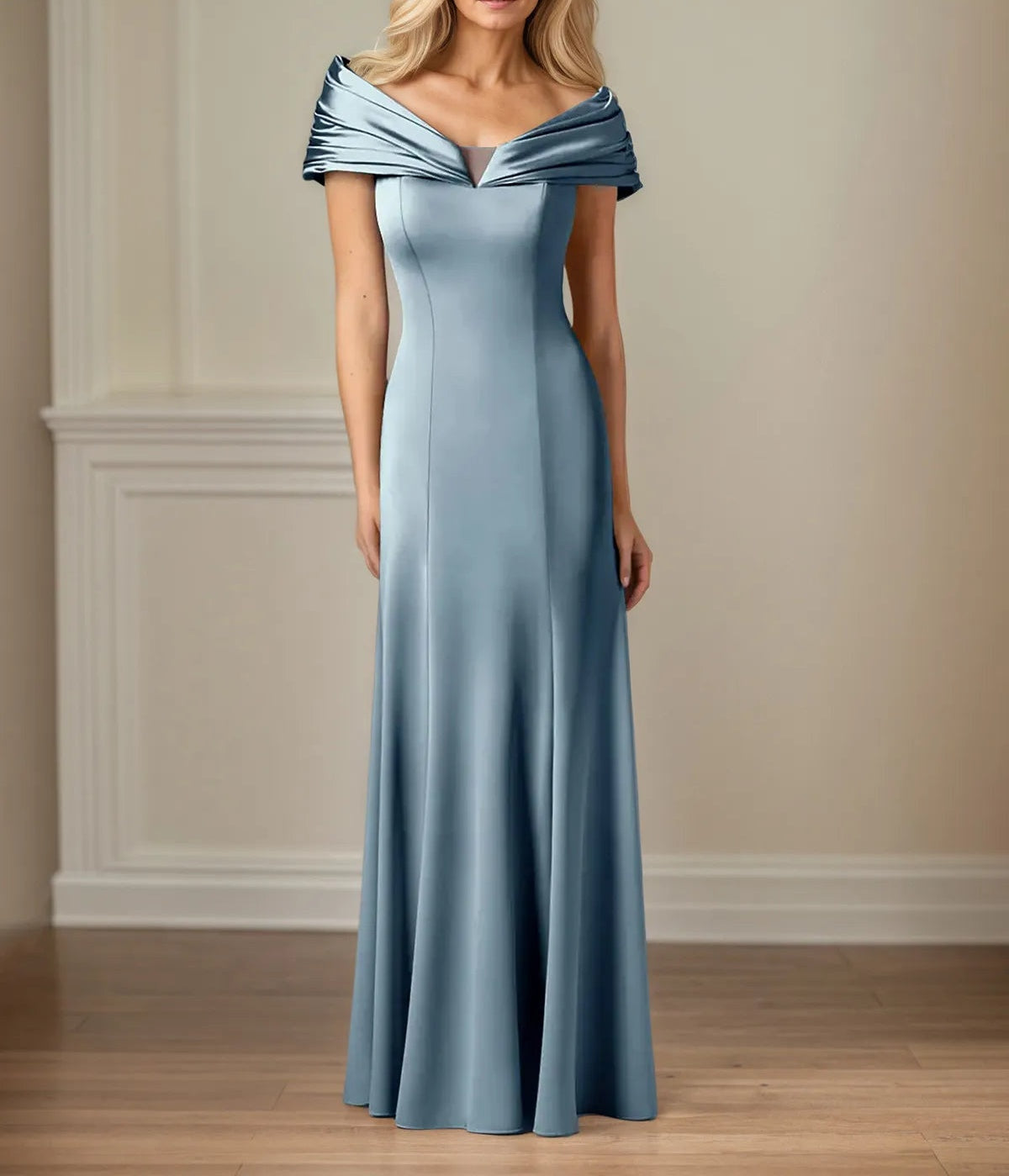 Trumpet/Mermaid V-Neck Cold Shoulder Sleeve Floor-Length Satin Dress With Pleated