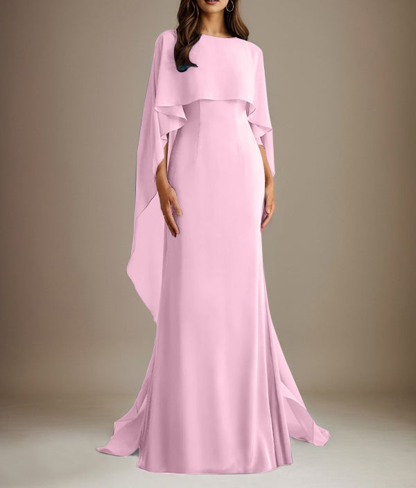 Sheath/Column Boatneck Floor-Length Chiffon Mother of the Bride Dress With Cascading Ruffles