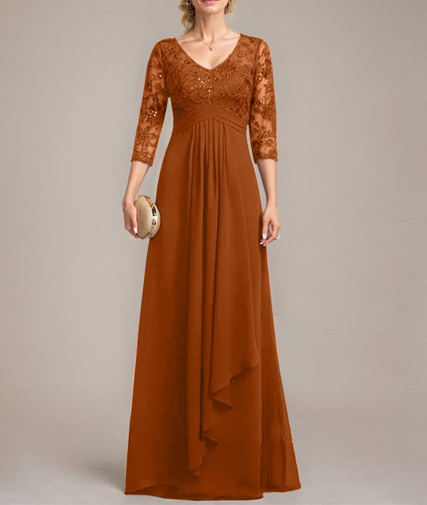 A-line V-Neck Floor-Length Lace Chiffon Mother of the Bride Dress With Cascading Ruffles Sequins
