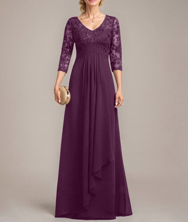 A-line V-Neck Floor-Length Lace Chiffon Mother of the Bride Dress With Cascading Ruffles Sequins