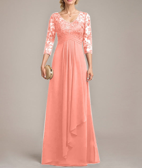 A-line V-Neck Floor-Length Lace Chiffon Mother of the Bride Dress With Cascading Ruffles Sequins