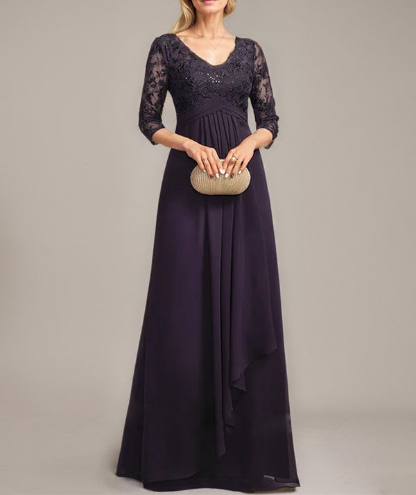 A-line V-Neck Floor-Length Lace Chiffon Mother of the Bride Dress With Cascading Ruffles Sequins