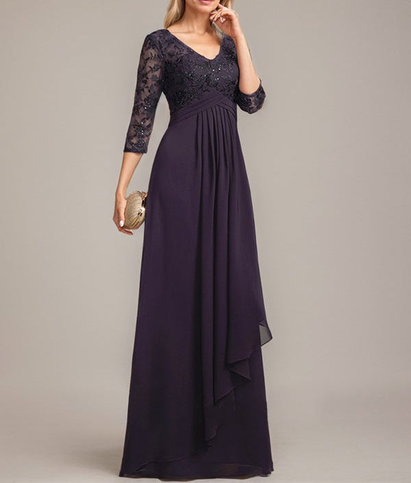 A-line V-Neck Floor-Length Lace Chiffon Mother of the Bride Dress With Cascading Ruffles Sequins