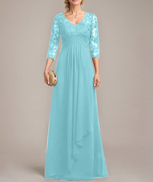 A-line V-Neck Floor-Length Lace Chiffon Mother of the Bride Dress With Cascading Ruffles Sequins