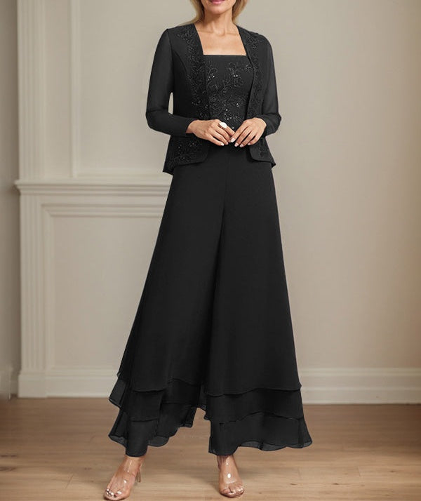 Separates Jumpsuit/Pantsuit Square Ankle-Length Lace Chiffon Mother of the Bride Dress With Sequins