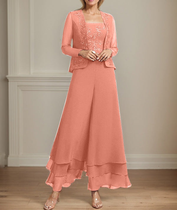 Separates Jumpsuit/Pantsuit Square Ankle-Length Lace Chiffon Mother of the Bride Dress With Sequins