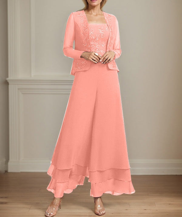 Separates Jumpsuit/Pantsuit Square Ankle-Length Lace Chiffon Mother of the Bride Dress With Sequins