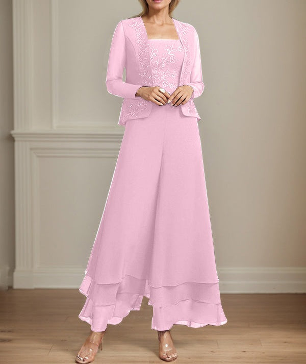 Separates Jumpsuit/Pantsuit Square Ankle-Length Lace Chiffon Mother of the Bride Dress With Sequins
