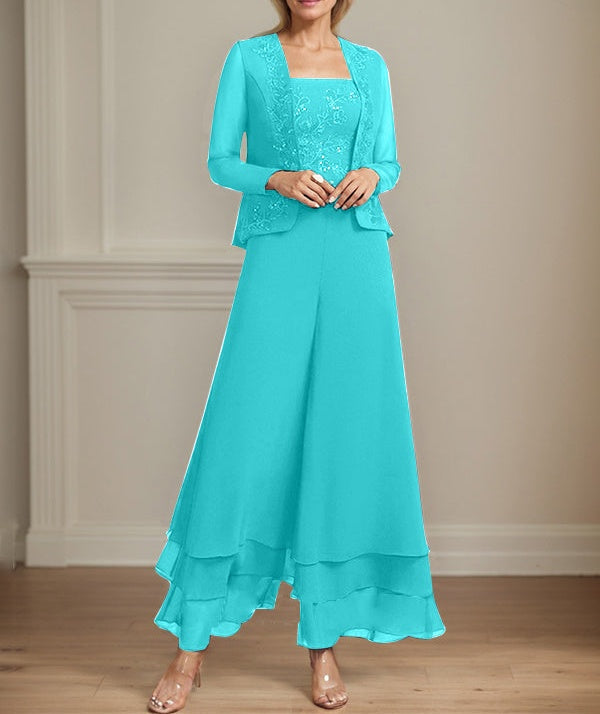 Separates Jumpsuit/Pantsuit Square Ankle-Length Lace Chiffon Mother of the Bride Dress With Sequins