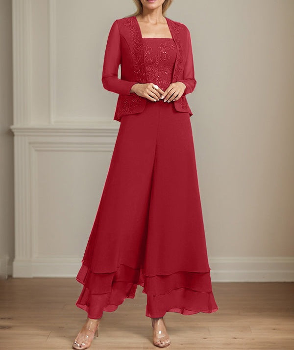 Separates Jumpsuit/Pantsuit Square Ankle-Length Lace Chiffon Mother of the Bride Dress With Sequins