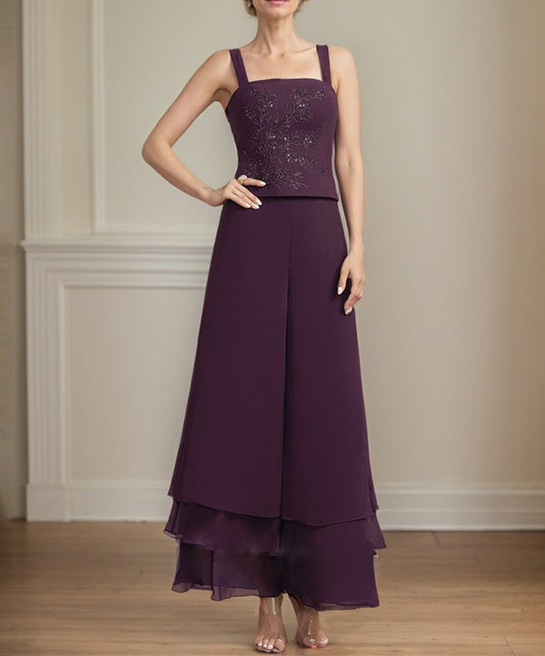 Separates Jumpsuit/Pantsuit Square Ankle-Length Lace Chiffon Mother of the Bride Dress With Sequins
