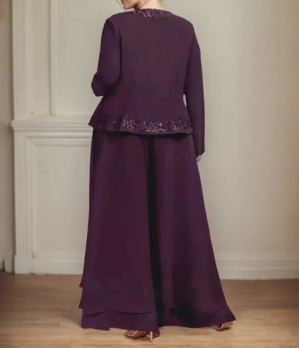 Separates Jumpsuit/Pantsuit Square Ankle-Length Lace Chiffon Mother of the Bride Dress With Sequins