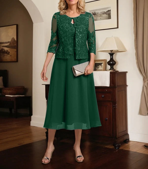 A-line Scoop Tea-Length Lace Chiffon Mother of the Bride Dress With Sequins