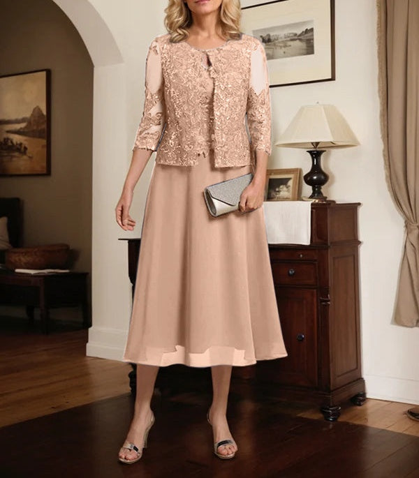A-line Scoop Tea-Length Lace Chiffon Mother of the Bride Dress With Sequins