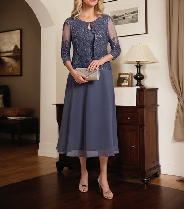A-line Scoop Tea-Length Lace Chiffon Mother of the Bride Dress With Sequins