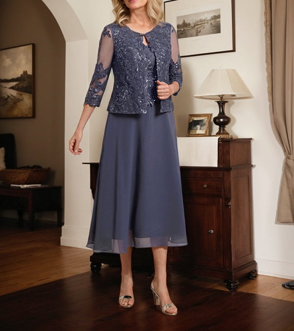 A-line Scoop Tea-Length Lace Chiffon Mother of the Bride Dress With Sequins