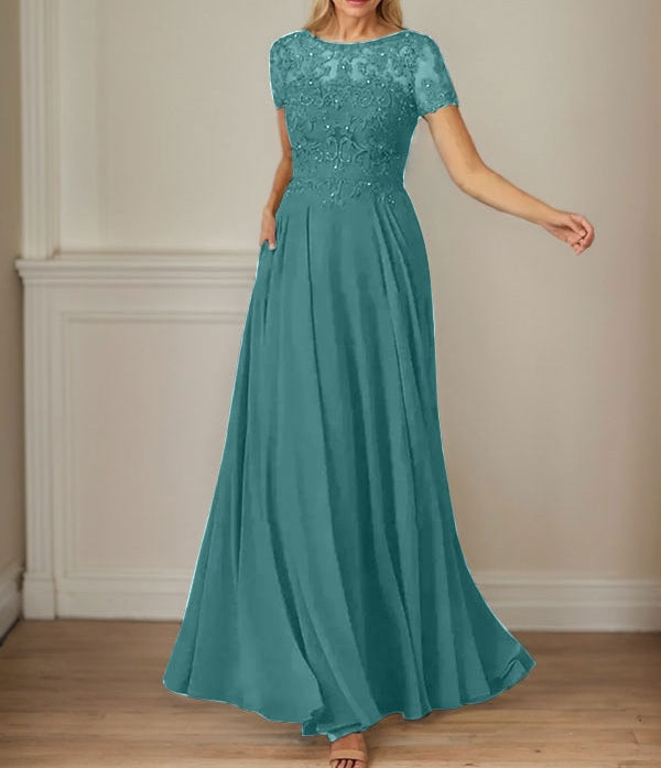 Dark Navy A-Line Boatneck Sequins Chiffon Dress