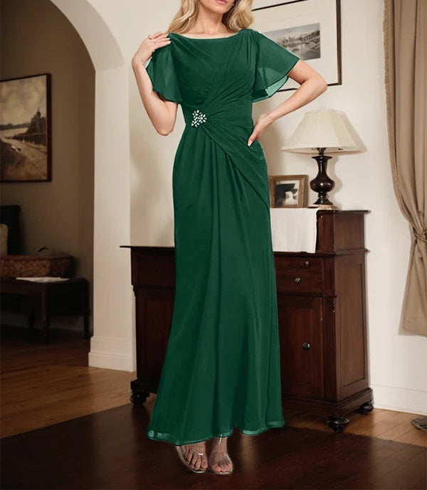 A-line Scoop Ankle-Length Chiffon Mother of the Bride Dress With Beading Pleated