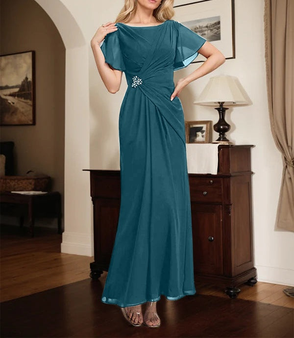 A-line Scoop Ankle-Length Chiffon Mother of the Bride Dress With Beading Pleated