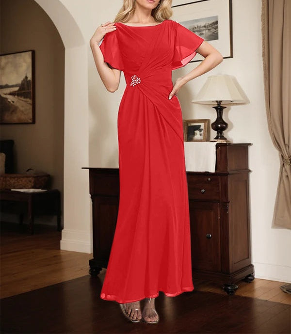 A-line Scoop Ankle-Length Chiffon Mother of the Bride Dress With Beading Pleated