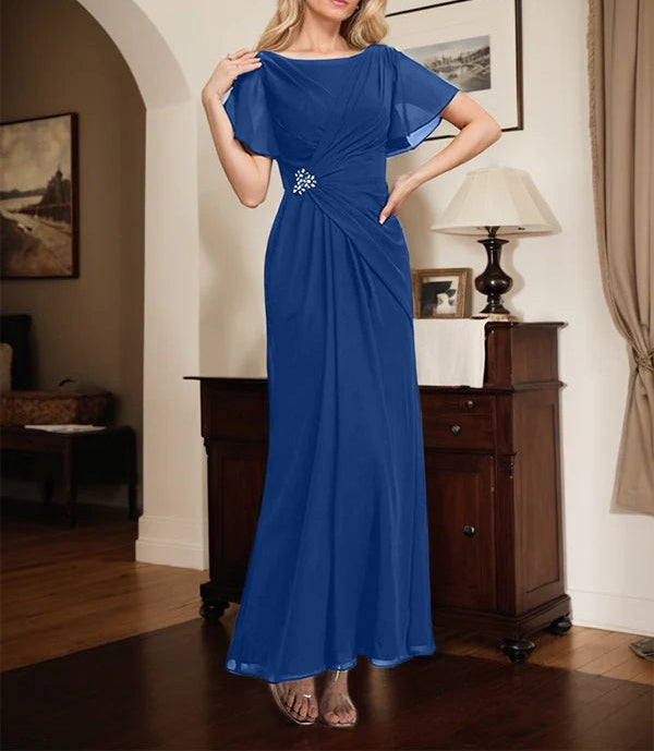 A-line Scoop Ankle-Length Chiffon Mother of the Bride Dress With Beading Pleated