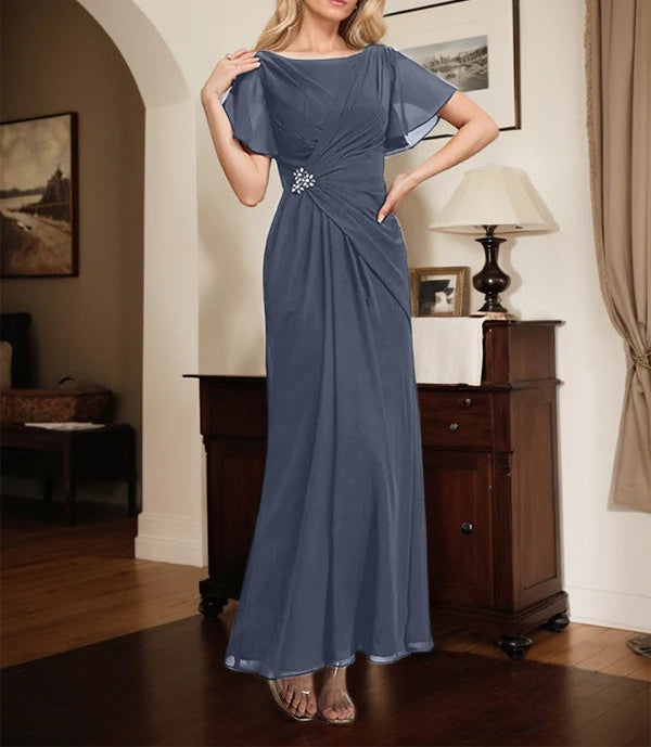 A-line Scoop Ankle-Length Chiffon Mother of the Bride Dress With Beading Pleated