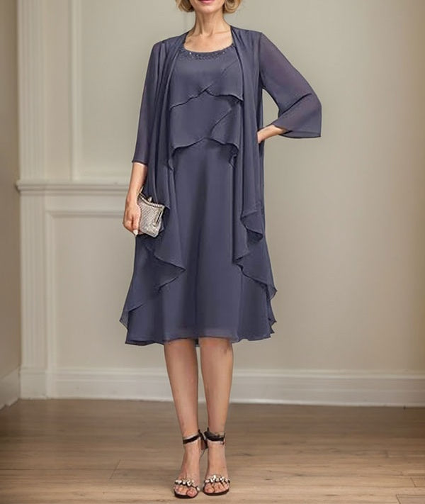 A-line Scoop Knee-Length Chiffon Mother of the Bride Dress With Beading