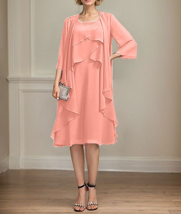 A-line Scoop Knee-Length Chiffon Mother of the Bride Dress With Beading